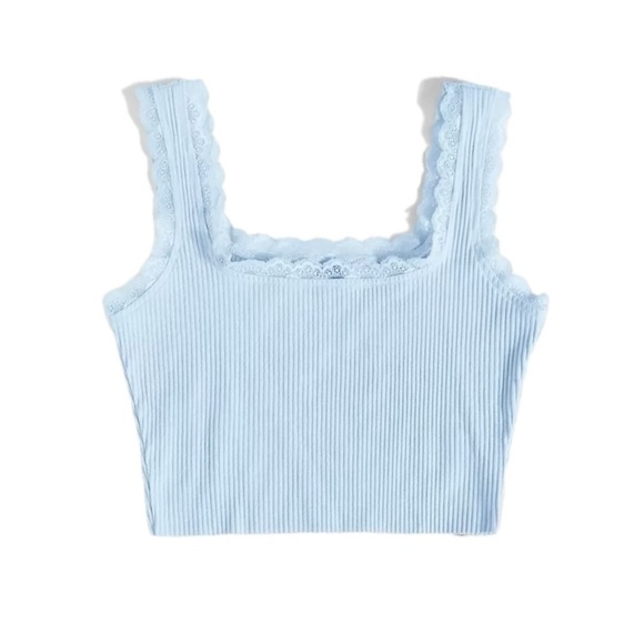 💖(2 for $15)💖 Baby Blue Lace Trim Ribbed Tank Top - Picture 1 of 4